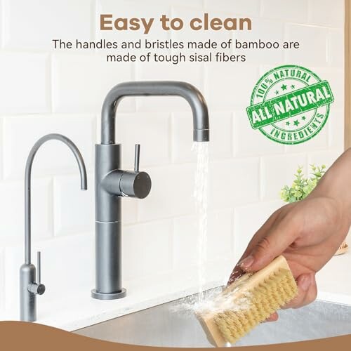 Person holding brush with bamboo handle and sisal bristles under running faucet.