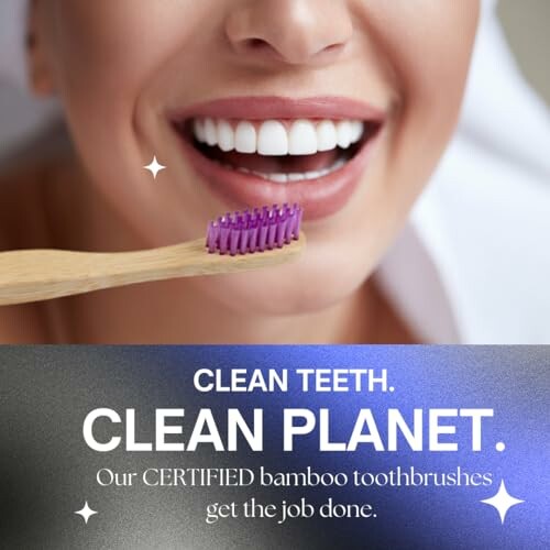 Woman smiling with bamboo toothbrush, promoting clean teeth and planet.