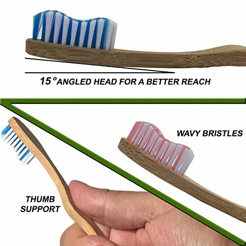 Bamboo toothbrush with angled head and wavy bristles.