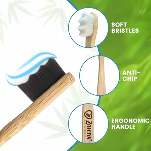 Bamboo toothbrush with soft bristles, anti-chip design, ergonomic handle.