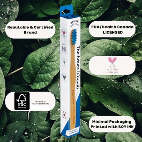 Bamboo toothbrush packaging with eco-friendly certifications.