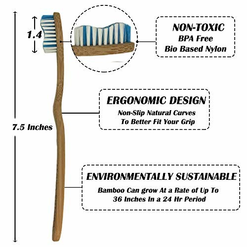 Side view of a bamboo toothbrush with ergonomic design and non-toxic bristles.