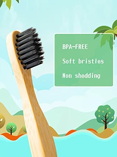 Bamboo toothbrush with soft black bristles, BPA-free, non-shedding.