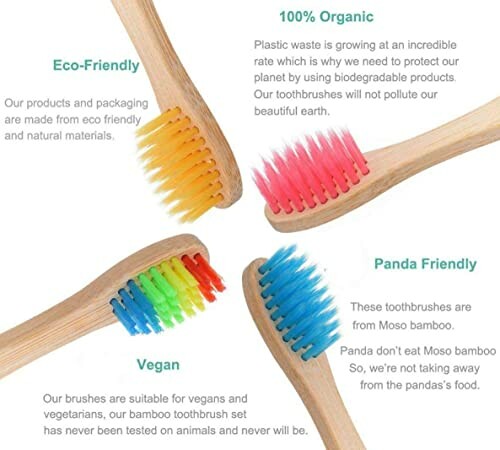 Four bamboo toothbrushes with colorful bristles and eco-friendly labels.