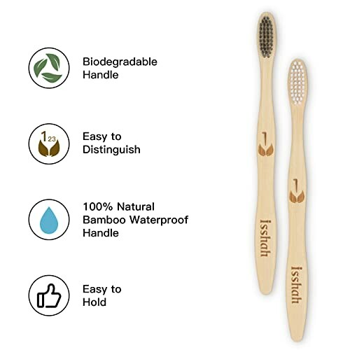 Two bamboo toothbrushes with biodegradable handles and features like easy distinction, natural waterproof material, and easy grip.