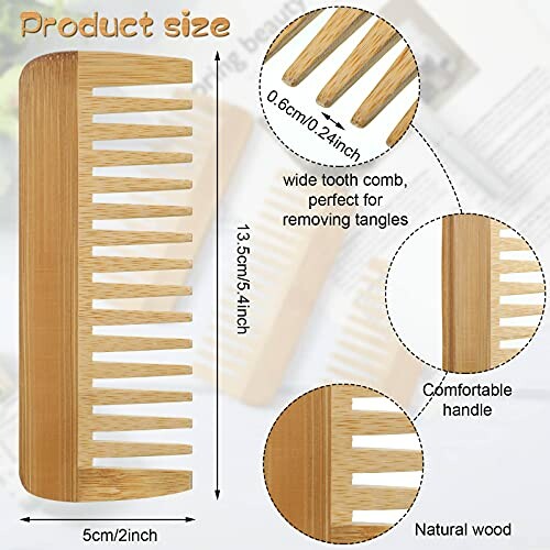 Bamboo wide tooth comb with dimensions and features.