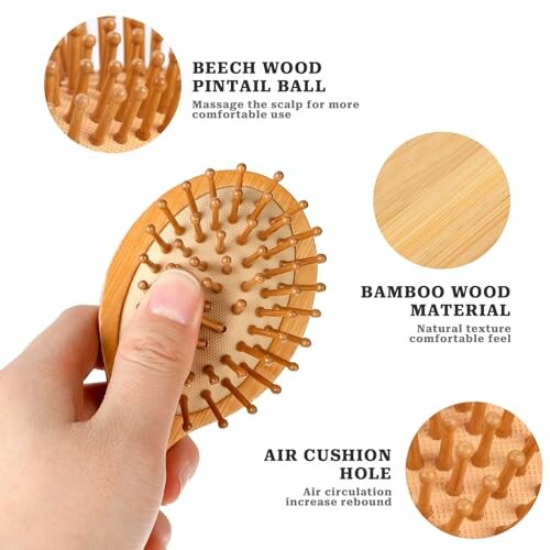 Hand holding a bamboo wood hairbrush with features highlighted.