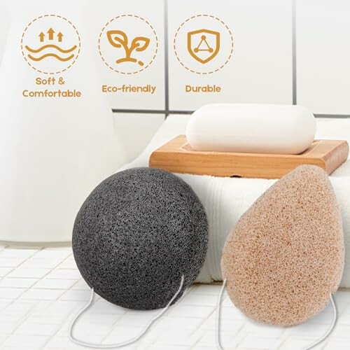 Konjac sponges and soap in a bathroom setting.