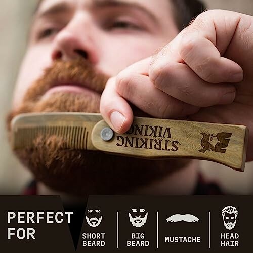 Man using a wooden beard comb with branding, suitable for short and big beards, mustache, and head hair.