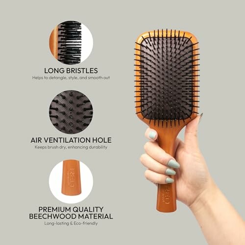 Hand holding a beechwood paddle hairbrush with long bristles and air ventilation hole.