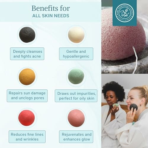 Chart showing benefits of different skincare products with women using facial sponges.