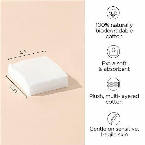 Biodegradable cotton pad with features: 100% natural cotton, extra soft, multi-layered, gentle on skin.