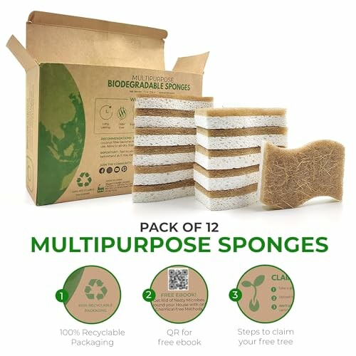 Pack of 12 multipurpose biodegradable sponges with recyclable packaging.