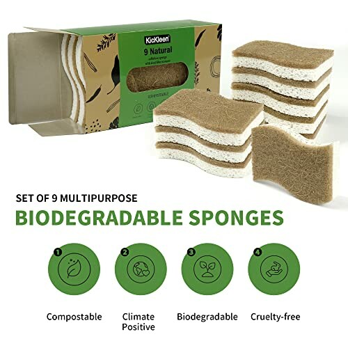 Set of 9 biodegradable sponges with eco-friendly packaging.