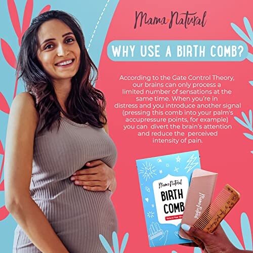 Pregnant woman with birth comb and explanation of its benefits on a poster.