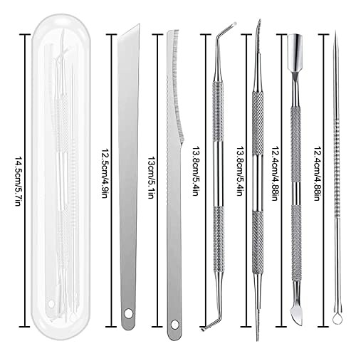 Set of blackhead and pimple removal tools with measurements.