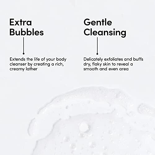 Image highlighting benefits of body cleanser: extra bubbles for rich lather and gentle cleansing for smooth skin.