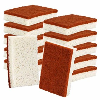 Stack of brown and white kitchen scrub sponges.