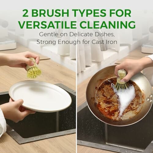 Two brush types for cleaning dishes and cast iron.