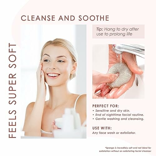 Woman cleansing face and using soft sponge.