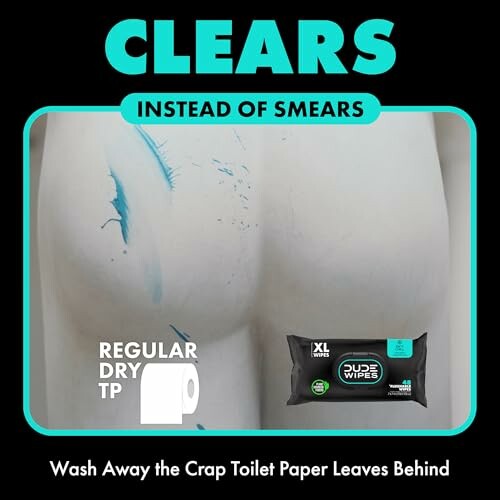 Ad showing comparison of regular toilet paper and wet wipes on a surface.