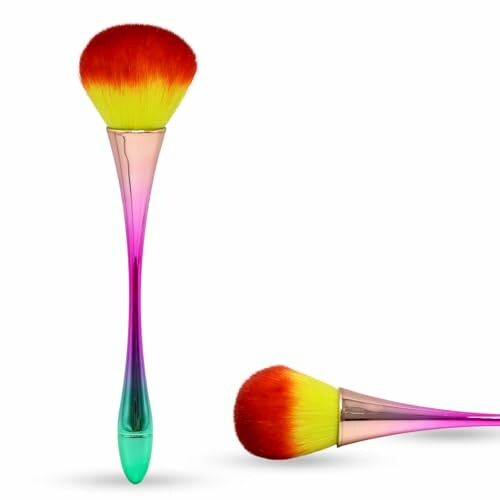 Two colorful makeup brushes with gradient handles and vibrant bristles.