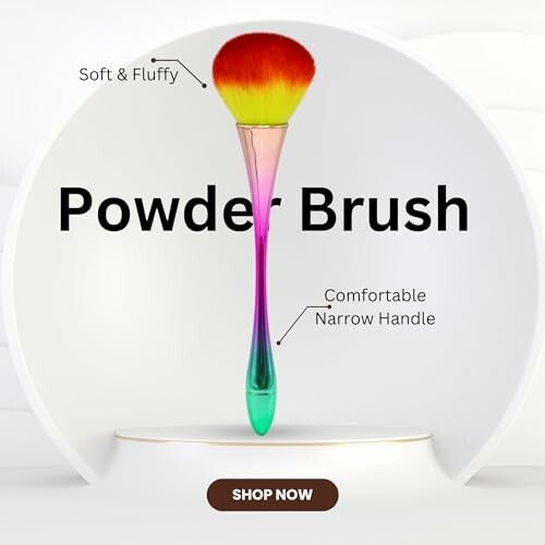 Colorful powder brush with soft bristles and narrow handle.