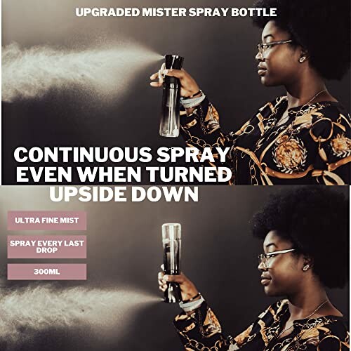 Woman demonstrating continuous spray bottle upside down.