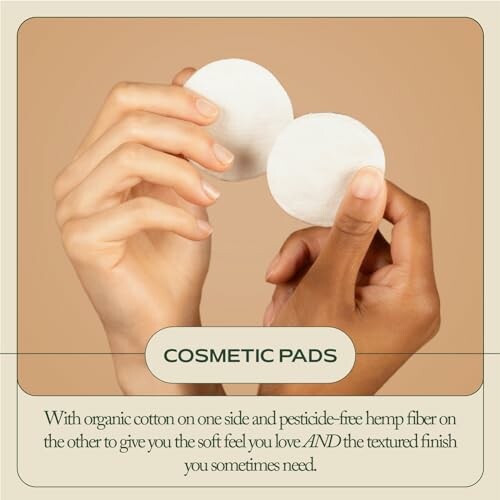 Hands holding cosmetic pads made of organic cotton and hemp.