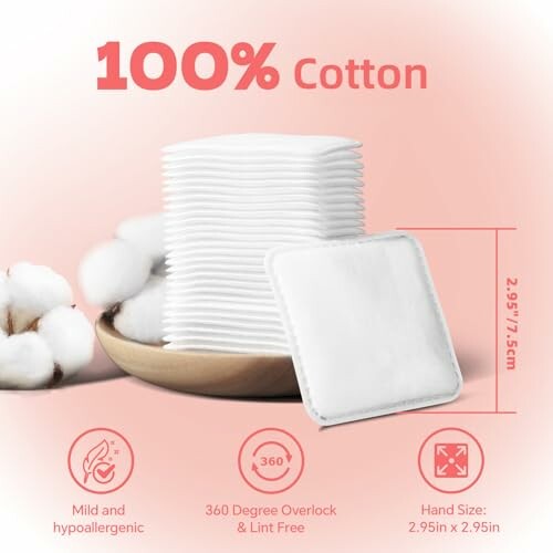 Stack of 100% cotton pads with cotton plant decoration.