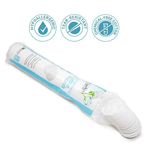 Package of cotton rounds with hypoallergenic, tear-resistant, and chemical-free labels.