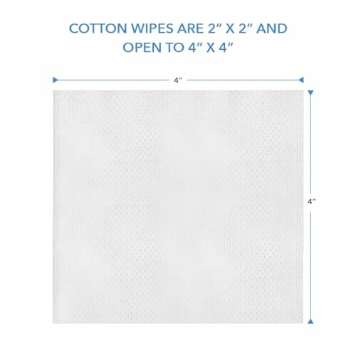 Cotton wipe with dimensions 2x2 inches, opens to 4x4 inches.