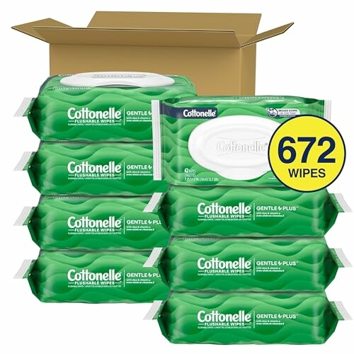 Cottonelle flushable wipes pack with 672 wipes displayed.