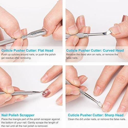 Various nail tools demonstrating cuticle pushers and nail polish scrapper