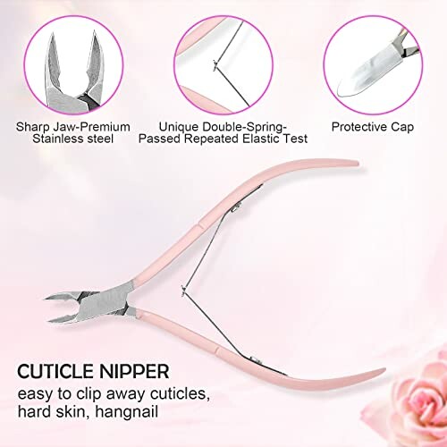 Cuticle nipper tool with pink handles and protective cap.