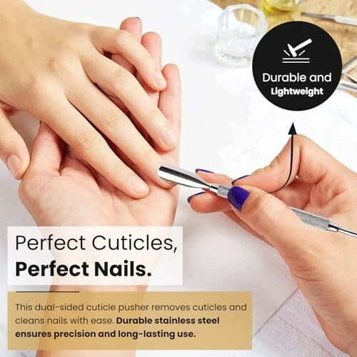 Hands using a cuticle pusher for nail care, highlighting its durability and lightweight design.