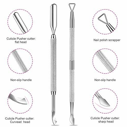 Cuticle pusher set with flat, curved, and sharp heads, non-slip handles, and nail polish scraper.