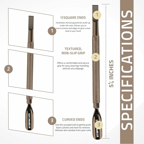 Graphic showing specifications of a cuticle pusher with square ends, textured grip, and curved ends.