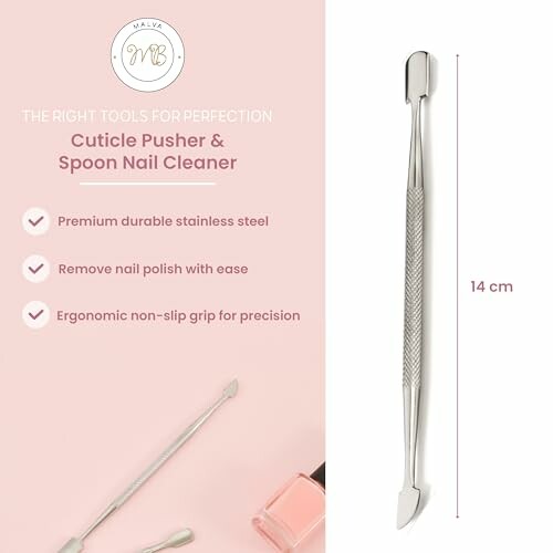 Cuticle pusher and spoon nail cleaner with ergonomic grip.