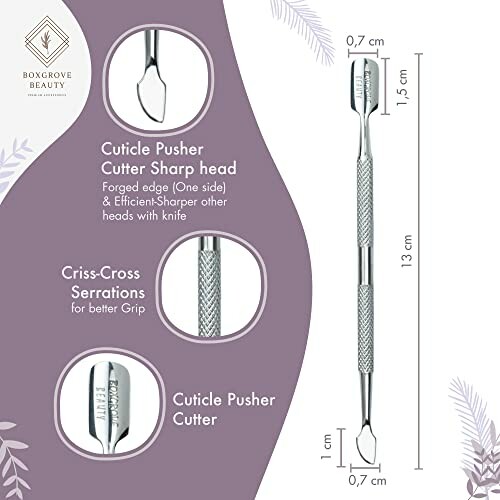 Diagram of a cuticle pusher tool with measurements and features.