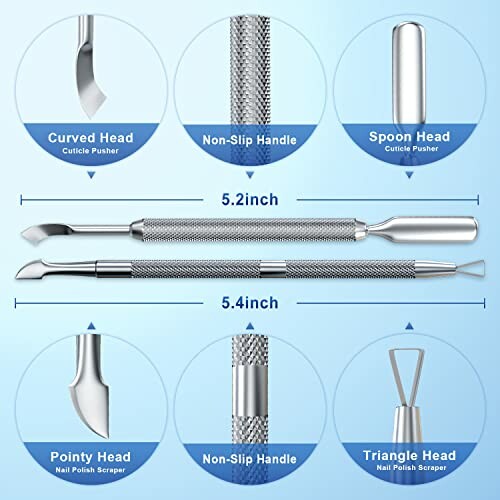 Cuticle Pusher Tool Set with Curved, Spoon, Pointy, and Triangle Heads