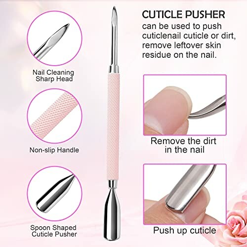 Cuticle pusher tool with features and uses illustrated.