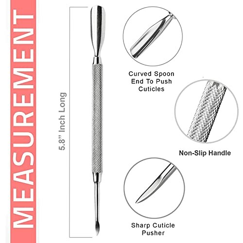 Double-ended cuticle pusher with curved spoon and sharp end, non-slip handle, 5.8 inches long.