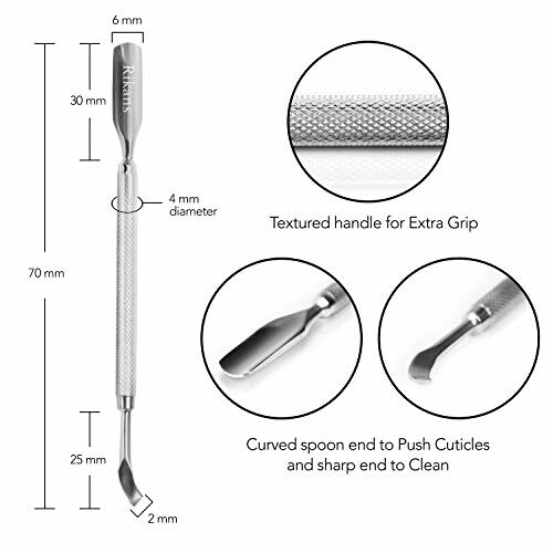 Stainless steel cuticle pusher tool with textured handle and dual-ended design for nail care.