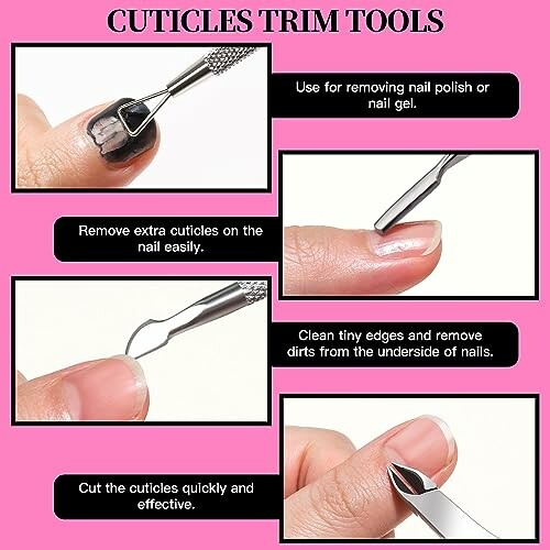 Various cuticle trim tools for nail care with instructions.