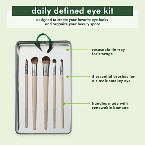 Eye makeup brush set with tin tray and bamboo handles.