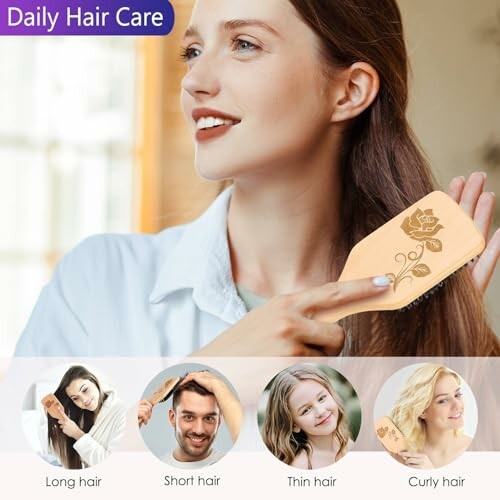 Woman brushing hair with wooden brush, hair care tips.