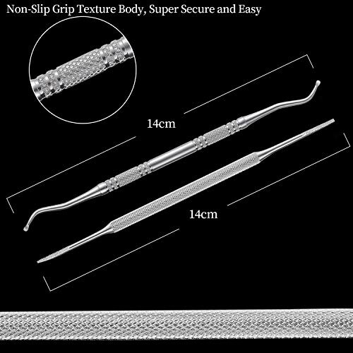 Double-ended dental scaler with non-slip grip texture, 14cm long.