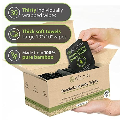 Box of Alcala deodorizing body wipes, 30 individually wrapped, 100% bamboo.