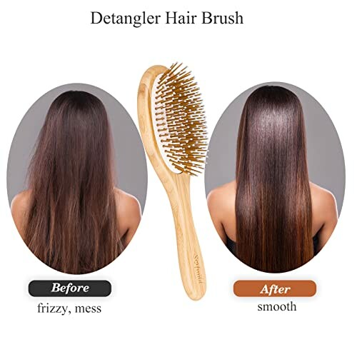 Hair detangler brush with before and after results showing frizzy and smooth hair.